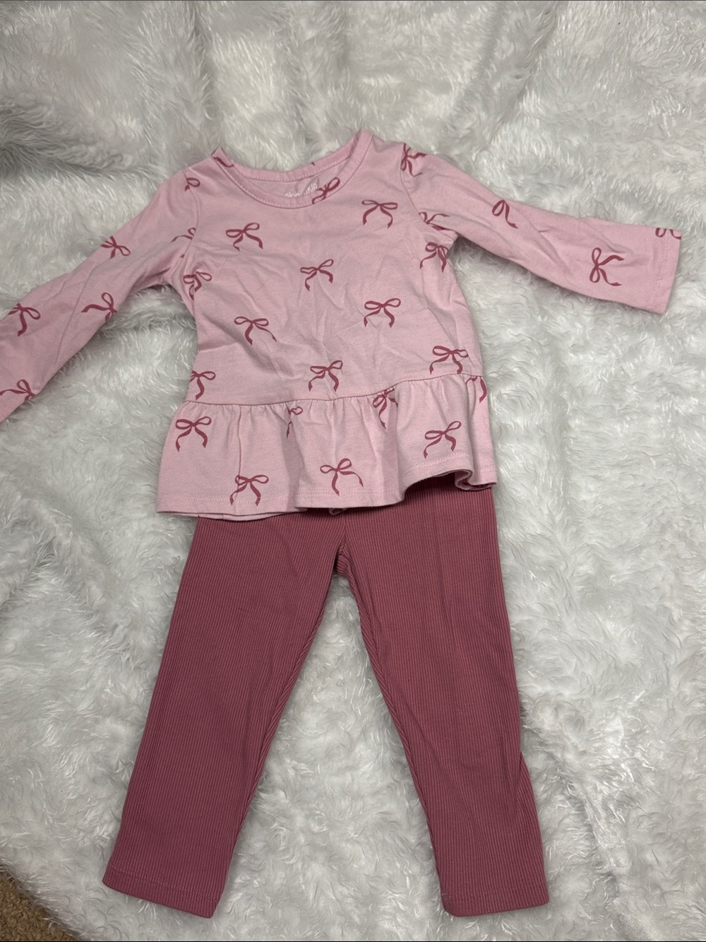 Girls Pink Bow Peplum Long Sleeve Top & Ribbed Pants okie Dokie 12 months